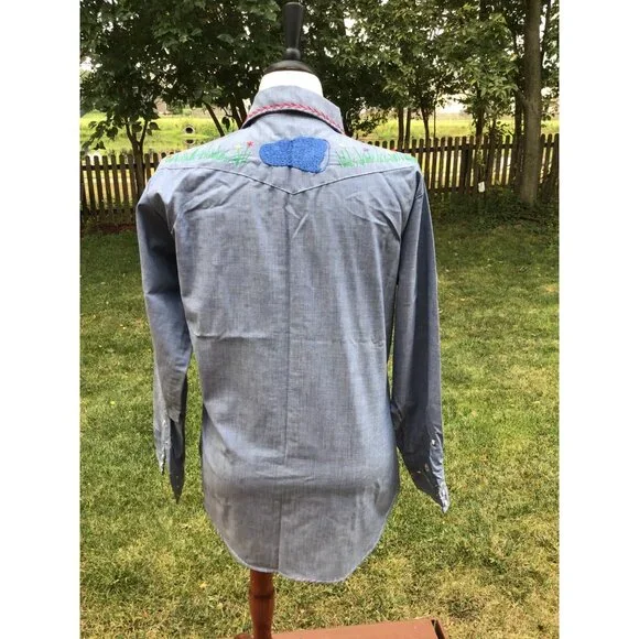 Vintage Sears Embroidered Western Shirt M Denim Floral Design Long Sleeve - Picture 7 of 11